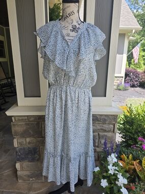 Light Blue Floral Ruffle Midi Dress-NWT